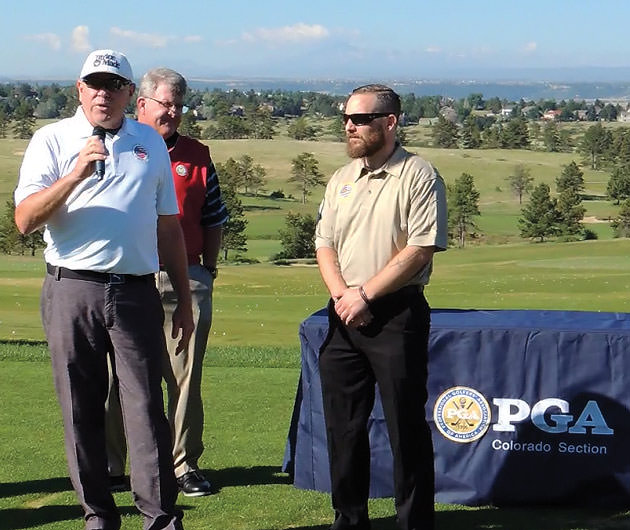 From left: Military Warrior Support Foundation's Ken Eakes, Colorado PGA's Eddie Ainsworth and Army Sgt. Chris Hardesty at last year's home presentation.