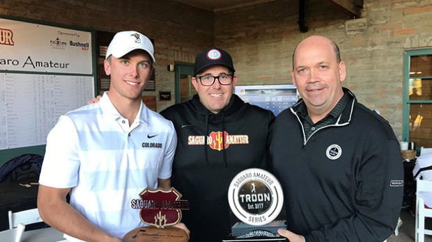 Saguaro winner Trevor Olkowski, CU coach Roy Edwards and Guy Sugden, VP of Troon Golf